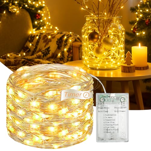 16FT 50 LED Fairy Lights Battery Operated with Timer, 8 Modes USB Mini Twinkle Light, Small String Lights for Tree Wreath Vase Bedroom DIY Holiday Wedding Decorations-Warm White