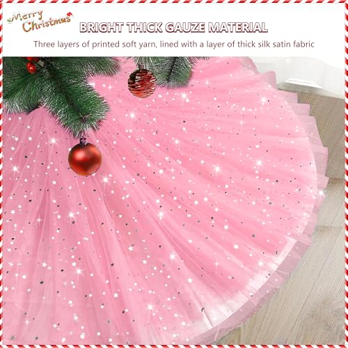 FIABC Christmas Wedding Tree Skirt,45 inch 4-Layer Fluffy Romantic Pleated Sparkly Skirt Decoration Xmas Tree Ornament for Holiday and Party(Pink)
