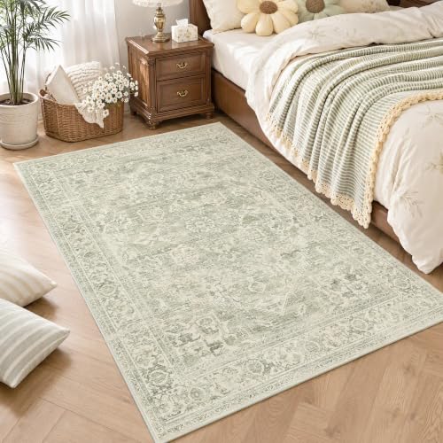 FMFUNCTEX 4x5 Washable Green Neutral Oriental Distressed Entryway Area Rug