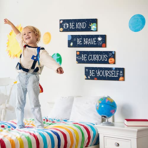 Yookeer 4 Pcs Space Room Decor for Kids Teen Boys Inspirational Outer Space Wall Art Decor Motivational Hanging Galaxy Wood Plaque Sign for Back to School Playroom Nursery Classroom Dorm(Blue)