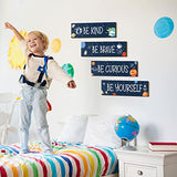 Yookeer 4 Pcs Space Room Decor for Kids Teen Boys Inspirational Outer Space Wall Art Decor Motivational Hanging Galaxy Wood Plaque Sign for Back to School Playroom Nursery Classroom Dorm(Blue)