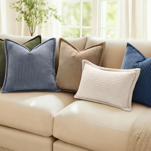 Mecatny Corduroy Summer Throw Pillow Covers 18x18 Set of 2, Neutral Decorative Soft Boho Couch Pillow Covers with Broadside for Sofa Living Room, Olive Green