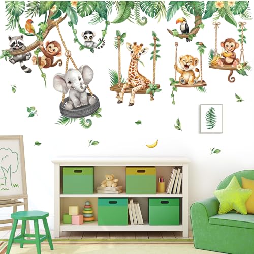 decalmile Jungle Animal on Swings Wall Stickers Safari Animal Elephant Giraffe Monkey Tropical Leaves Wall Decals Baby Nursery Kids Room Wall Decor