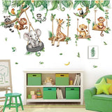decalmile Jungle Animal on Swings Wall Stickers Safari Animal Elephant Giraffe Monkey Tropical Leaves Wall Decals Baby Nursery Kids Room Wall Decor