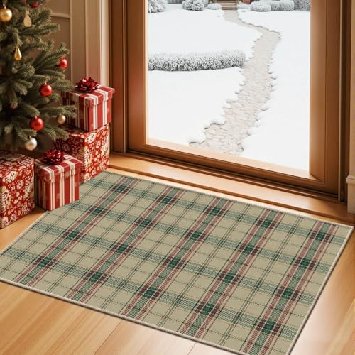 Green Christmas Rug 2x3, Washable Rug for Entryway, Checkered Plaid