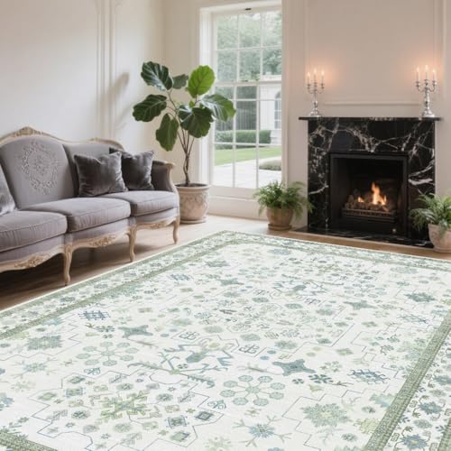 8x10 Washable Area Rugs for Living Room (Pale Sage Misty Blue)