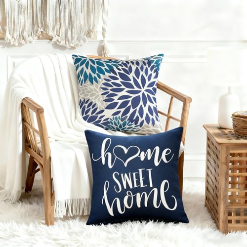 Decorative Throw Pillow Covers Set of 4 Blue Pillow Covers 18x18 inch Throw Pillow Cases Linen Square Pillow Case,Farmhouse Outdoor Modern Boho Pillow Covers for Couch Sofa Living Room