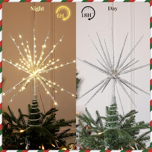 15 Inch Christmas Tree Star Topper with 150 LED Timer Lights & Remote, 19-Point USB Powered Lighted Silver Starburst Star Tree Topper for Indoor Holiday Party Xmas Tree Decor