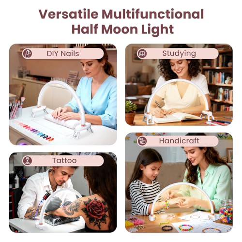 Arc Half Moon Light: 16" Half Moon Light with Foldable Bracket for Desk Salon Table Use - No Flicker & Shadow-Free Desk Lamp with Stepless Brightness 3000-6500K for Manicurist Nail Tech