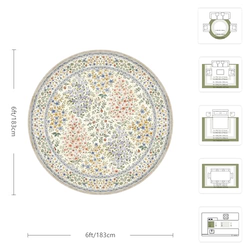 6FT Round Area Rugs, Machine Washable Low Pile Floral Rugs for Living Room, Bedroom, Large Boho Area Rug with Non-Slip Backing for Dining Room(Beige Floral)