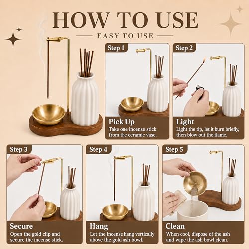 2 in 1 Incense Holder for Sticks with Ash Catcher for Meditation | Incense Burner Holder with Wood Base, Ceramic Vase Storage & Metal Ash Catcher Hang Upside for Meditation Home Room Decor