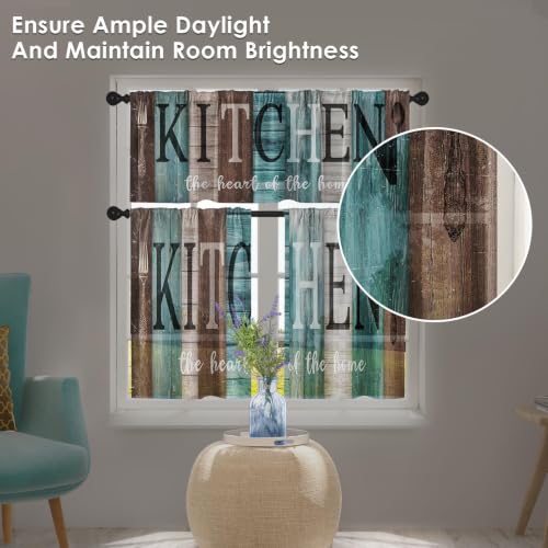 Teal and Brown Kitchen Window Curtains Valance and Tier Set 36 Inch, Rustic Farmhouse Turquoise Rod Pocket Short Tier Curtain for Bathroom, Wooden Home Small Cafe Drapes for Kitchen Decor