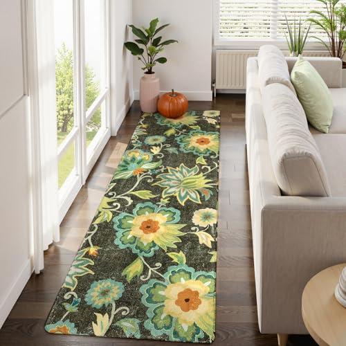 Lahome Floral Kitchen Runner Rug- 2x8 Runners for Hallways Non-Slip Washable Rug Runner Throw Low-Pile Entryway Laundry Runner Rugs Soft Green Paisley Print Carpet Runner for Bedroom Living Room