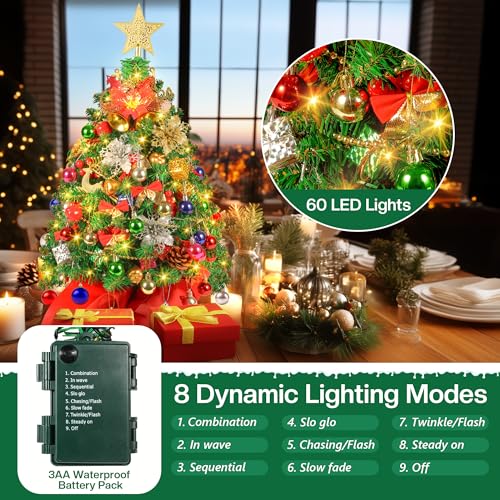 2FT Mini Christmas Tree, Artificial Tabletop Christmas Trees with 60 LED Lights, Prelit Small Christmas Tree, 100 Branch Tips, 80 Ornaments, Indoor Christmas Table Decor for Home Party