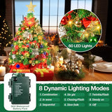 2FT Mini Christmas Tree, Artificial Tabletop Christmas Trees with 60 LED Lights, Prelit Small Christmas Tree, 100 Branch Tips, 80 Ornaments, Indoor Christmas Table Decor for Home Party