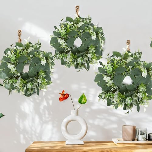 3PCS Artificial Eucalyptus Leaves Wreaths Candle Rings Wreaths Summer Greenery Garland Pillar Holder for Home Wedding Party Table Centerpiece Green