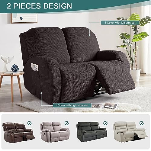 Ruaozz Recliner Sofa Covers Recliner Chair Covers Loveseat Recliner Slipcovers with Pockets Washable Furniture Protector with Elastic Bottom (2 Seater, Chocolate)