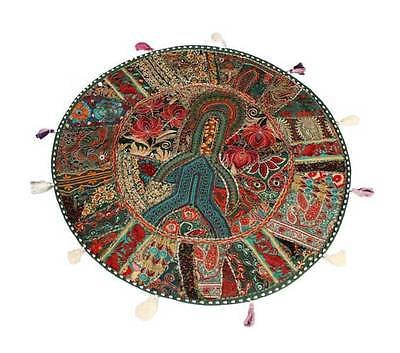 Sophia Art Round Floor Pillow Cushion Bohemian Patchwork Pouf Ottoman Vintage Indian Foot Stool Bean Bag Floor Pillow Cover Home Decor, Living Room Ottoman, Bohemain Pillows 18 Inch (Green)