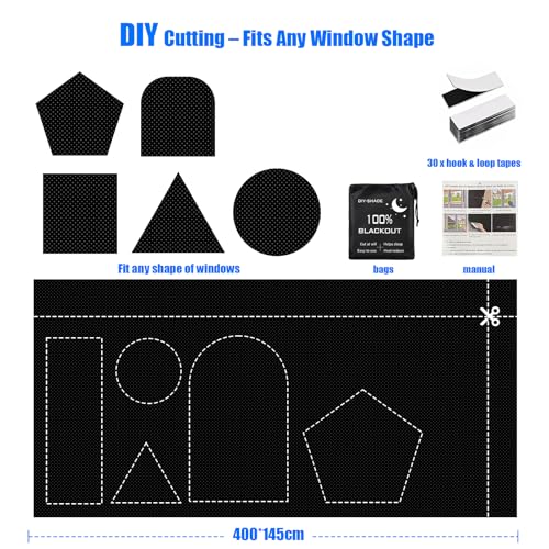 Alikiai Blackout Blinds 157" x 57", 100% Blackout Curtains for Window, 420D No Drill Portable Black Out Shades Film for Bedroom, Nursery Black Out Blinds for Baby Temporary, 12 Hook and Loop Tapes