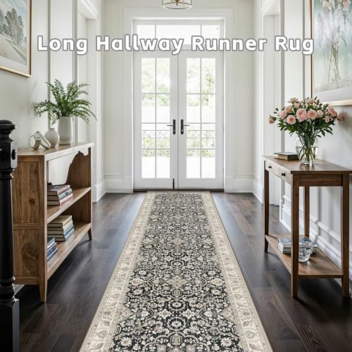 Non Slip Runner Rug for Hallway Long Carpet Runners 3x12 Black Beige - Soft Thin Washable Stain and Spill Resistant for Wide Entryway Laundry Room - Distressed Vintage Kitchen Rugs