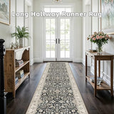 Non Slip Runner Rug for Hallway Long Carpet Runners 3x12 Black Beige - Soft Thin Washable Stain and Spill Resistant for Wide Entryway Laundry Room - Distressed Vintage Kitchen Rugs