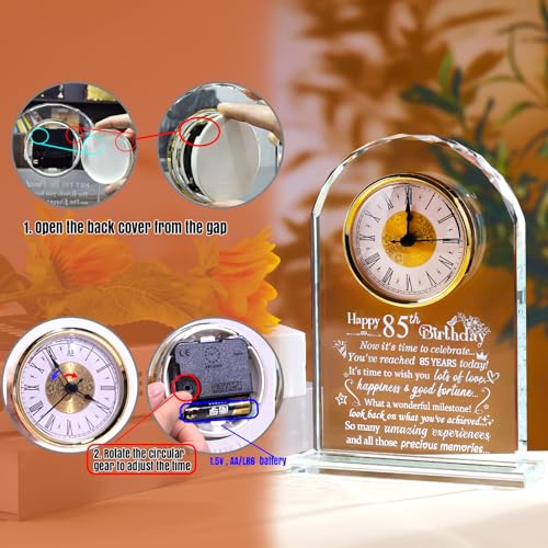 Ornalrist Happy 85th Birthday Quartz Clock Plaque Gifts for Women Men, 85 Years Old Birthday Presents for Parents Couple Wife Her, Glass Quartz Clock Plaque Home Office Desk Decor