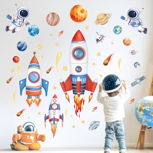 wondever Outer Space Rockets Wall Stickers Planets Star Spacecraft Astronaut Peel and Stick Wall Art Decals for Baby Nursery Boys Bedroom Playroom