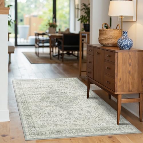 3x5 Entryway Rug,Green Vintage Boho Bedroom Area Rug