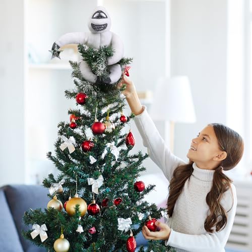 Christmas Tree Topper Abominable Snow Monster Ornament, Poseable Handmade Abominable Chimpanzees Hugger with Star, Can be Hung Snowman Tree Topper Xmas Decorations (White)