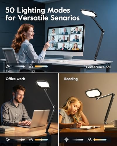 LED Desk Lamp for Home Office, Eye-Care Dual-Side Desk Light with Clamp and Stepless Knob Remote, 50 Lighting Modes, Memory, Adjustable Arm Clamp on Light for Video Conference, Zoom Call, Study