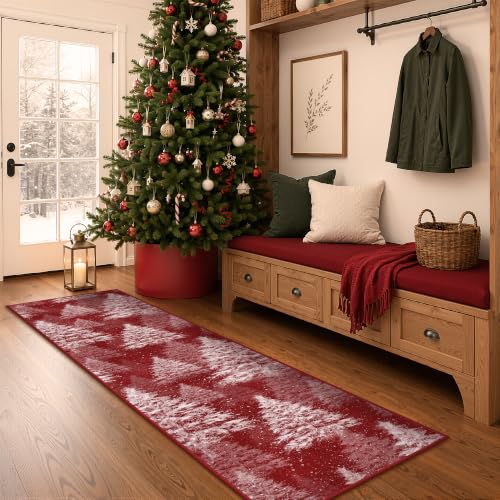 Christmas Runner Rug 2x8 for Hallway, Washable Soft Kitchen Rug Red