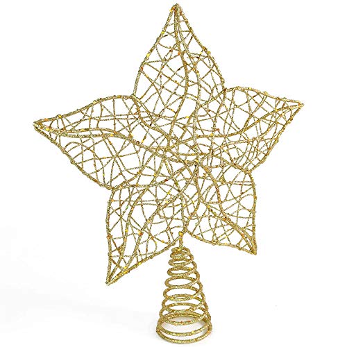 Ornativity Glittered Star Tree Topper - Christmas Gold Sparkle Wire Star Flower Leafy Petal Holiday Decor Xmas Trees Top Toppers Decorations 12"