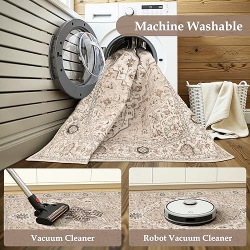 Washable 2'6x12 Hallway Runner Rugs, Vintage Non-Slip Low Pile Rugs Beige