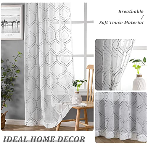 VISIONTEX White Sheer Curtains 84 Inches Long 2 Panels, Light Filtering Grey Moroccan Trellis Embroidered Semi Sheer Voile Drapes, Rod Pocket Textured Window Curtain for Bedroom Living Room 54W x 84L