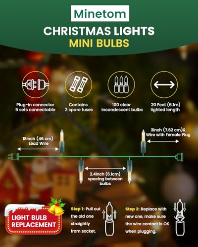 Minetom Clear Christmas String Lights 100 Count 20 Feet Incandescent Bulb Mini Lights for Indoor Xmas Tree Garland Birthday Wedding Party Festival Decoration, Green Wire