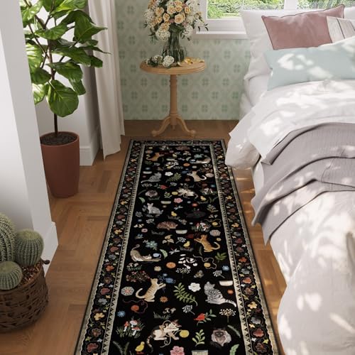 Rugcomf Runner Rug 2x6 Washable Non Slip Floral Animal Cat, Black