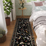 Rugcomf Runner Rug 2x6 Washable Non Slip Floral Animal Cat, Black