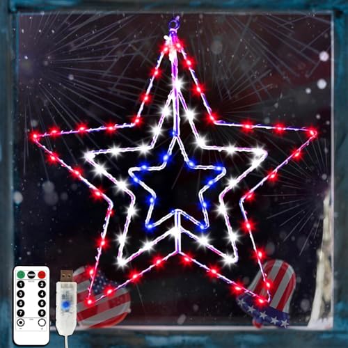 250 Anniversary Patriotic Decorations, Red White and Blue Memorial Day Decor Star Lights, Timer 14.2In Iron Frame 70Led Fairy Star Lights, 8 Mode with Remote Window Wall Silhouette for Home