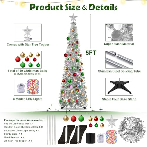 N&T NIETING Pop Up Christmas Tree with Lights & 30 Balls, 5Ft Collapsible Silver Tinsel Christmas Tree Decoration for Holiday Home Office Decor
