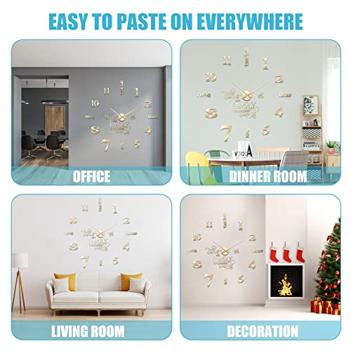 Junkin 3D Large Frameless DIY Wall Clock Modern Decor Family Quote Wall Stickers Clock Kit for Home Living Room Bedroom Office Decorations Adjustable Size(Gold)