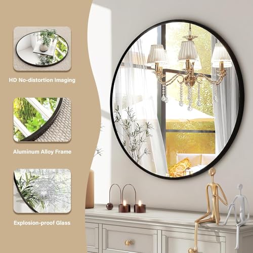 HARRITPURE Round Mirror 30 Black Wall Mounted Circle Mirrors Vanity Mirror with Brushed Aluminum Alloy Frame Modern Decoration for Bathroom, Living Room, Vanity, Bedroom, Entryway