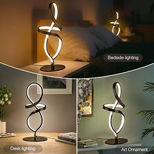 Mayful Modern Table Lamp with LED Unique Spiral Design, Small Nightstand Lamp with Stepless Dimming Switch, Black Bedside Lamps for Bedroom, Nightstand, Living Room, Office, Desk, 12W 3200K Warm White