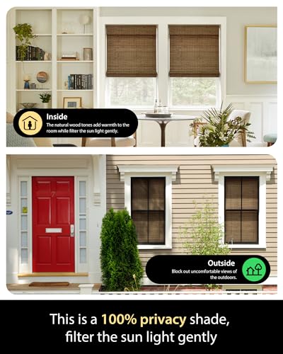 UNISHADES Cordless Bamboo Roman Shades, 34×64 in, Highfield Teak | Wide Bamboo Strip Weaving Technique, High light-blocking capacity, High Level of Privacy Protection