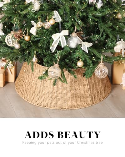 Rustic Farmhouse Christmas Tree Collar - Holiday Decorations - Natural Woven Wicker Tree Base Cover, Basket Ring for Artificial Trees, Stable & Odorless