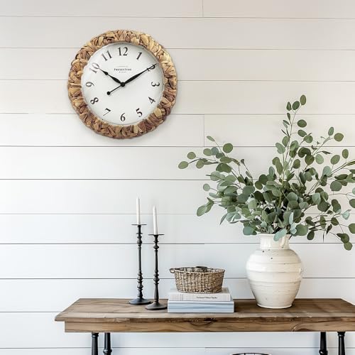 Presentime & Co. Farmhouse Series, Rustic Woven Clock, 14 inch, Natural Woven Water Hyacinth/Sea Grass. Wall Sculpture, Wall Art and Timepiece for Home Decoration/Decoration/Farmhouse Décor