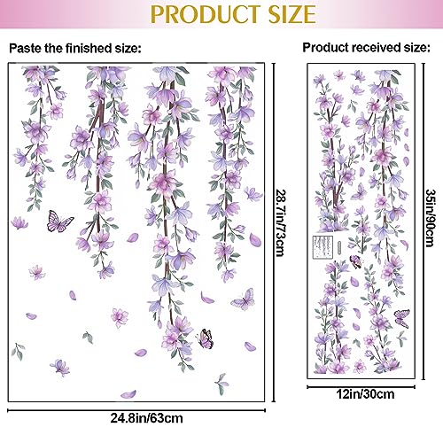 Hanging Creative Removable DIY Purple Flower and Vines Some Flying Butterfly Wall Sticker Waterproof Vinyl Wall Decal Decor for Home Girls Bedroom Kids Room Bedroom Living Room Wall Corner