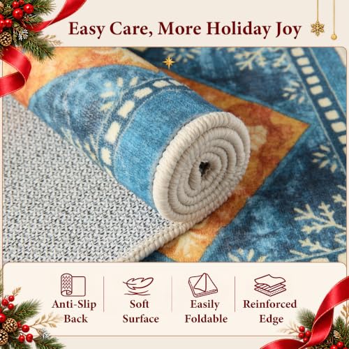 Blue Christmas Rug 2x3, Washable Rug for Entryway, Checkered