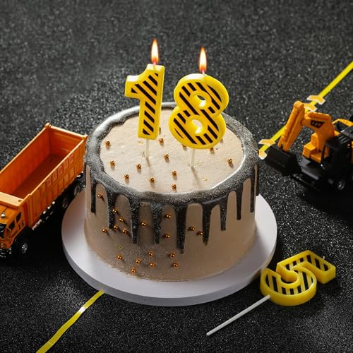 PHD CAKE 2.76 Inch Number 3 Construction Birthday Candles, Yellow and White Stripes Number Candles, Cake Number Candles, Party Celebration, Style Candle