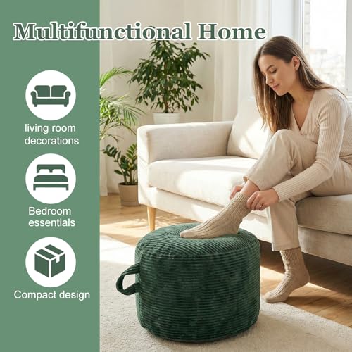 ele ELEOPTIO Round Stuffed Pouf Ottoman Corduroy Poufs with Foam Chunk Filling Pouf Foot Stool Storage Ottoman, 20 X 15 Floor Poufs Foot Rest for Living Room Green