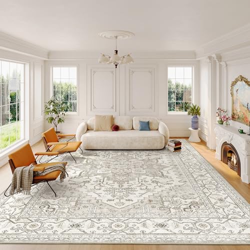 befbee 8x10 Area Rugs for Living Room, Stain Resistant Neutral Washable Rugs for Dining Room, Vintage Non-Slip Thin Large Size Beige Area Rug, Printed Vintage Home Decor Rug（Beige）